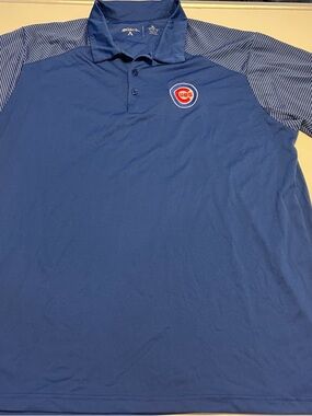Antigua Royal Blue Polo with Striped Sleeve Panels Chicago Cubs Gear